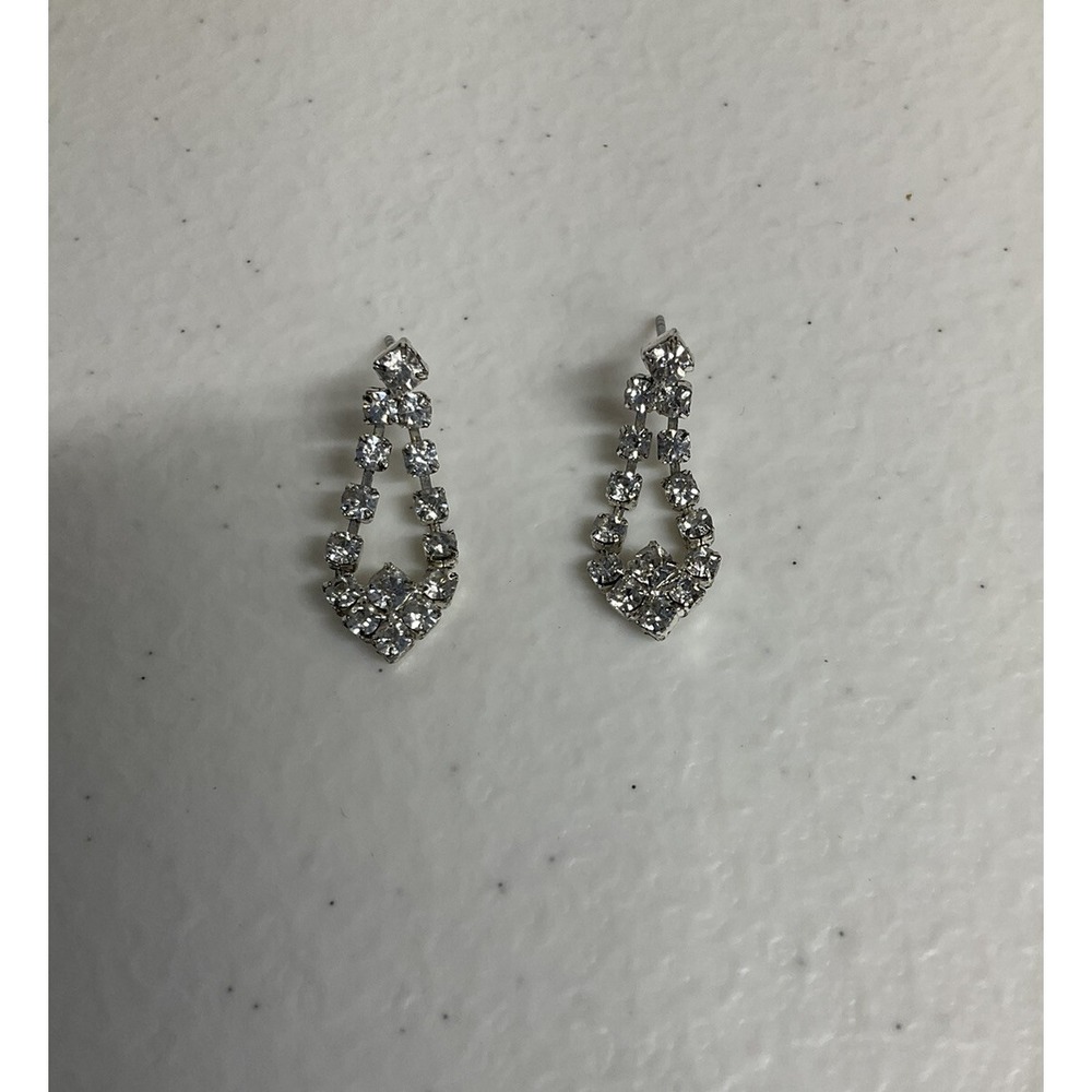 Beautiful Clear Rhinestone Dangle Sparkly Silver Tone Earrings Prom - No Backs